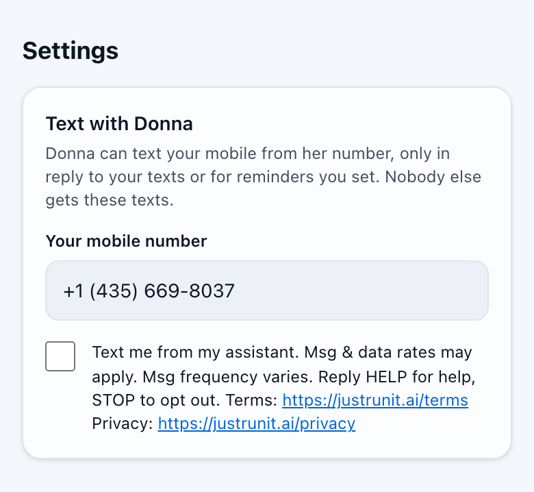 RunIt Settings, Text with your assistant section (this assistant is named Donna): mobile number field and the unchecked consent checkbox